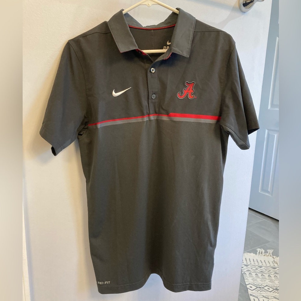 Alabama Roll Tide men’s gray Nike polo dri fit embroidered logos breathable sz S